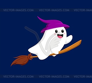 Cartoon Halloween kawaii ghost witch on broom - vector EPS clipart