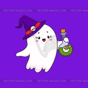 Мультяшный Хэллоуин каваи милый призрак в шляпе ведьмы - графика в векторе