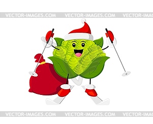 Cartoon romanesco cabbage character on ski - vector image