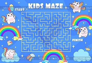 Kids labyrinth maze with caticorn cat character - vector clip art