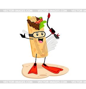 Cartoon burrito character with scuba mask and fins - vector image