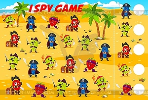 I spy game worksheet with cartoon berry pirates - vector clipart