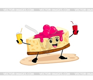 Cartoon cheesecake character with summer cocktails - vector image