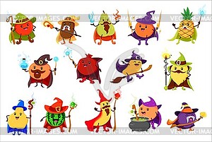 Cartoon fruits wizard or mage sorcerer characters - vector image