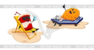 Cartoon fast food and drink characters on beach - vector clipart