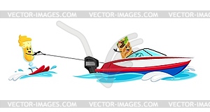 Cartoon sandwich, cocktail characters water skiing - vector clip art