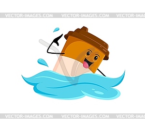 Cartoon fast food coffee character swimming in sea - vector clipart