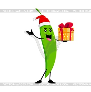 Мультяшный овощной персонаж из зеленого горошка с подарком - векторный дизайн