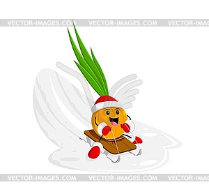 Cartoon onion vegetable character sledding on snow - vector clipart