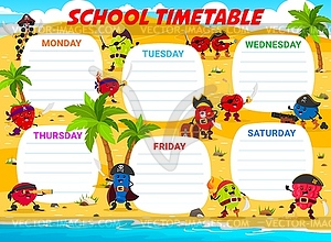 Education schedule with cartoon berry pirates - vector image