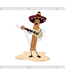 Cartoon ruler school character playing guitar - vector image