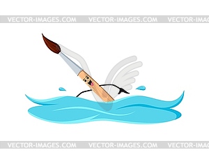 Cartoon paintbrush school supply swimming in sea - vector image