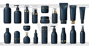 Realistic black cosmetics bottles and tubes set - vector clip art