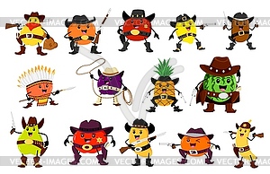 Cartoon fruit cowboy, sheriff, ranger and bandits - vector clipart