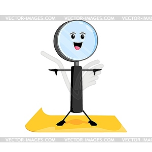 Мультяшный персонаж школьных принадлежностей с лупой для занятий йогой - векторный клипарт / векторное изображение