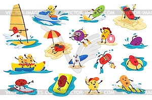 Cartoon vitamin characters, summer beach vacation - vector EPS clipart