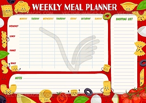 Weekly meal planner schedule, pasta characters - vector clipart