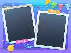 Before after template, photo frames on paper clip - vector image