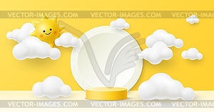 Yellow 3D kid podium stage with sun and clouds - vector clip art