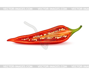 Realistic half chili pepper with seeds - vector clipart