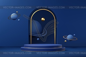 Blue podium stage with planets, arch and rings - vector clip art