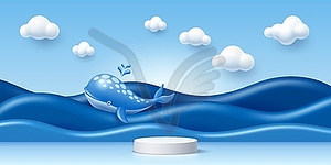 3D kid podium stage, blue sea waves, whale, clouds - vector clipart