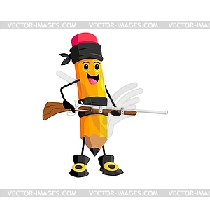 Cartoon pencil school supply pirate with rifle - vector clip art