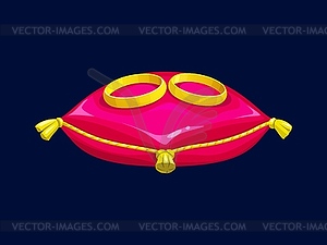 Мультяшные обручальные кольца на красной подушке для свадьбы - клипарт в формате EPS