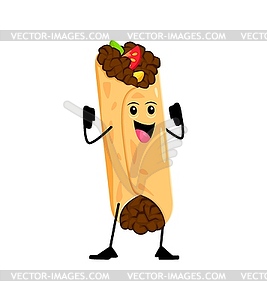 Cartoon cheerful burrito funny fast food character - vector image