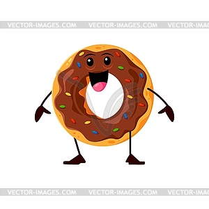 Cartoon funny chocolate donut bakery character - vector image