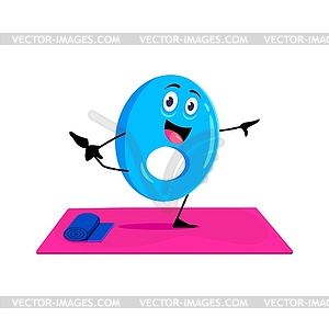 Cartoon math number zero character on yoga fitness - vector clipart