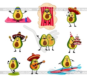 Cartoon funny mexican avocado characters set - vector image