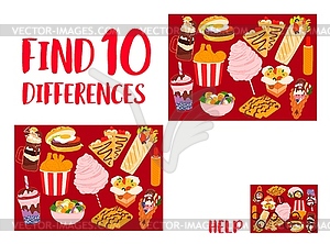 Find ten differences, fast food and drinks game - vector clip art