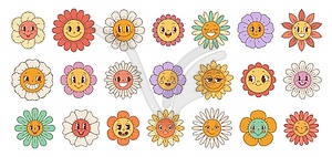 Retro groovy hippie daisy sunflower flower faces - color vector clipart