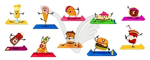 Cartoon fast food characters on yoga fitness sport - vector image