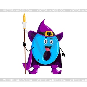 Cartoon math number zero wizard wields staff - vector image