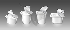 Open yogurt cups, realistic container packages - vector image