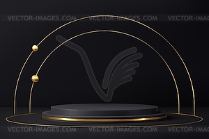 Black podium stage with golden rings and spheres - vector image