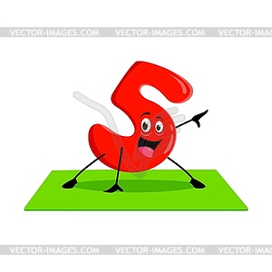Cartoon math number five character on yoga fitness - vector image
