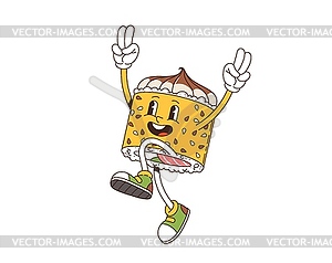 Cartoon retro groovy Japanese roll food character - vector clipart