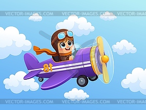 Kid flying on plane in sky clouds, boy on airplane - vector image