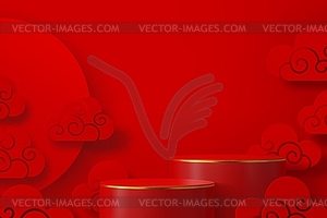 Red chinese podium stage with clouds, golden rings - vector clipart