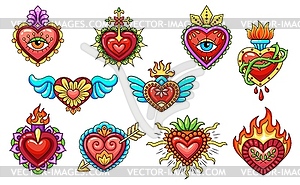 Mexican sacred heart tattoos in burning fire flame - vector image