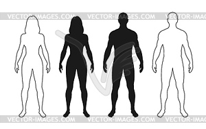 Front human body silhouette, man and woman figure - vector image