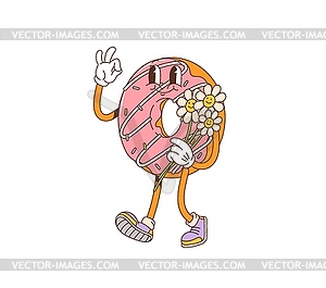 Мультяшный ретро-заводной персонаж с пончиками держит букет - векторное графическое изображение