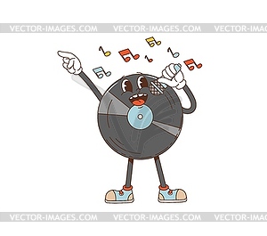 Cartoon retro vinyl record groovy character sings - royalty-free vector image