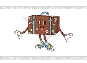 Cartoon retro travel suitcase groovy character - vector image