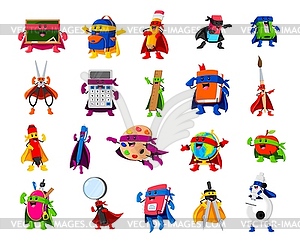 Cartoon school supply superhero and defenders - vector image