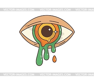 Cartoon retro groovy hippie eye with melt retina - vector clipart