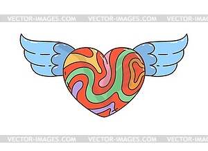 Cartoon retro groovy hippie winged vibrant heart - vector image